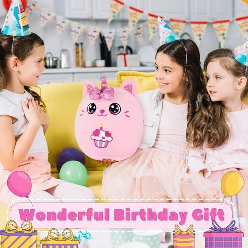 Auspicious Beginning Birthday Unicorn Cat Plush Pillow - 11 Inches Pink
