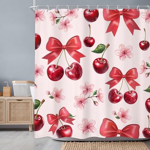 Pink Bow Cherry Shower Curtain 60x72 In