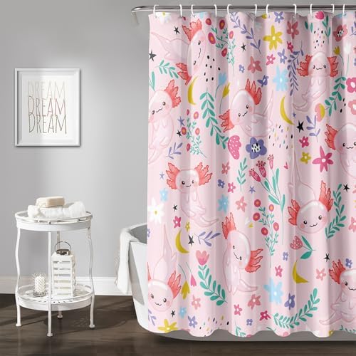 Qoomo Cartoon Axolotl Pink Bath Shower Curtain 72x72 inches