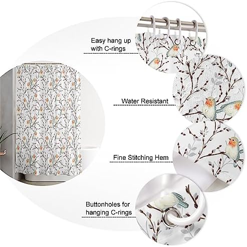 Waterproof shower curtain set for the bathroom with birds and branch design