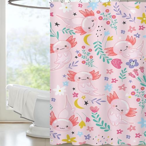 Qoomo Cartoon Axolotl Pink Bath Shower Curtain 72x72 inches