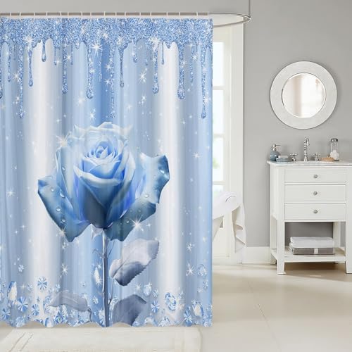 Stunning Blue Rose Shock Drop Water Resistant Bath Curtains with 12 Hooks