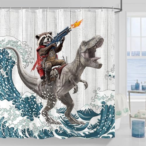 Funny Raccoon Dinosaur Bath Curtain