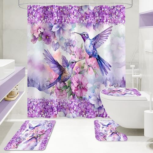 4-Pcs Purple Hummingbird Bath Decor Set with Rugs