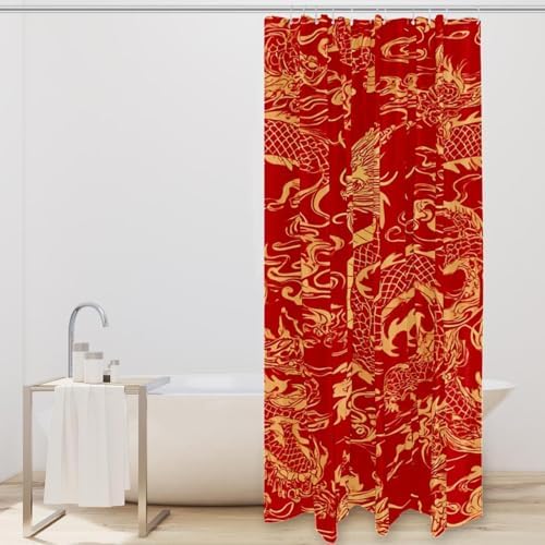 Gold Red Chinese Dragon Shower Curtain Set with 12 Hooks 66x72 Inches