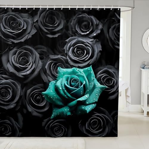Erosebridal Black and Teal 3D Rose Shower Curtain Set