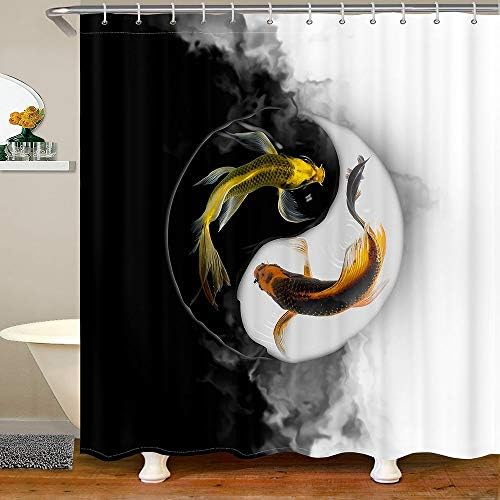 Golden Yin Yang shower curtain set for with fish patterns shower hooks