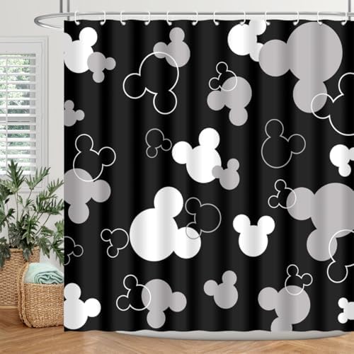 Mouse Head Shower Curtain for Children Black Background with Cartoons