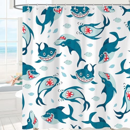 SokdcamFunny Shark Shower Curtain Ocean Wild Fish Kids Bathroom Curtain Set
