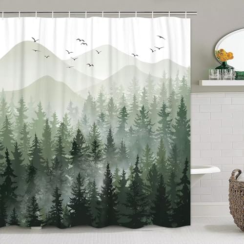 DDQQ 4Pcs Green Misty Forest Shower Curtain Set with Hooks