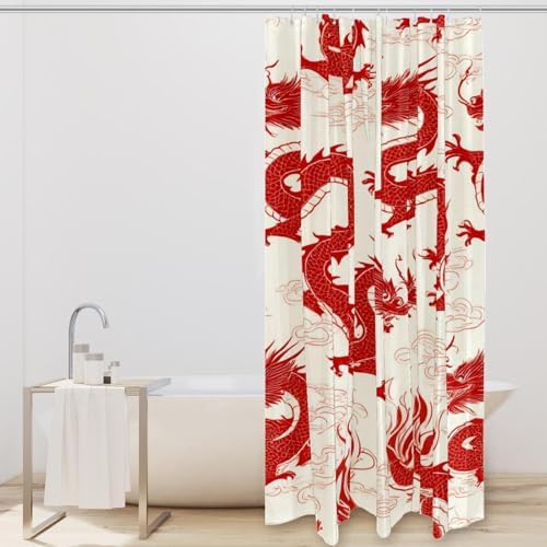 Bath Time inspected begins with VAPOKF Red Dragon Auspicious Clouds Shower Curtain Setup