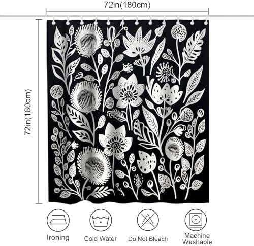 OTRANTO Black and White Floral Shower Curtain Set
