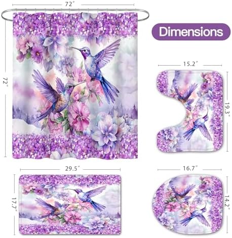 4-Pcs Purple Hummingbird Bath Decor Set with Rugs