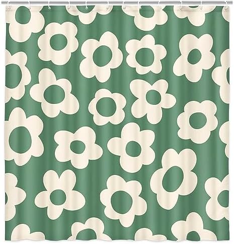 Stunning Sage Green Daisy Shower Curtain Boho Retro Sage Green Design