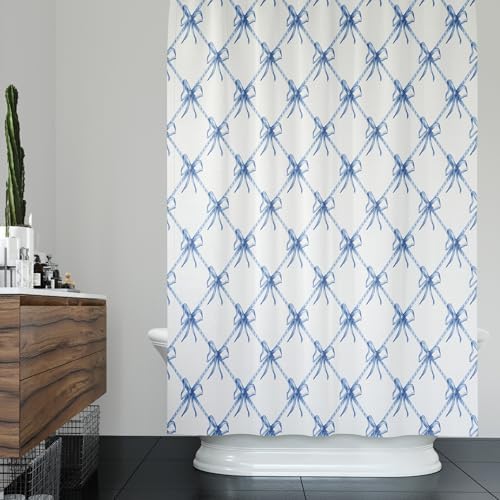 KAIRA 4 Pcs Blue White Bow Bathroom Set with Mats and Hooks