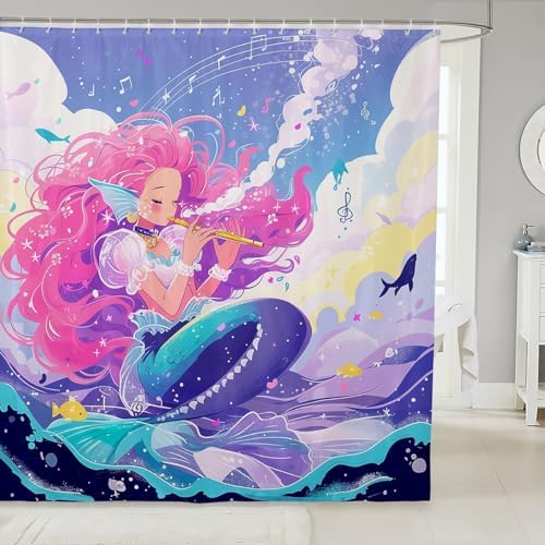 Mermaid Girl Shower Curtain Set with Musical Design 1