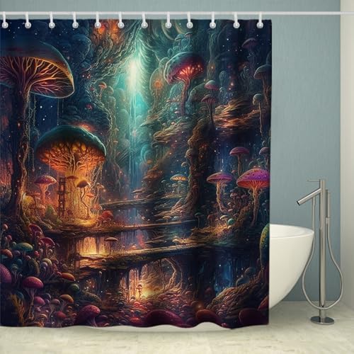 OTRANTO Fun Mushroom Forest Shower Curtain Set