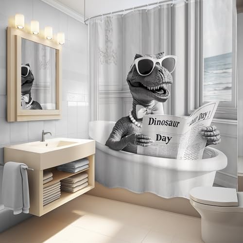 Funny Dinosaur Shower Curtain Set 12 Piece Black White Durable Cozy