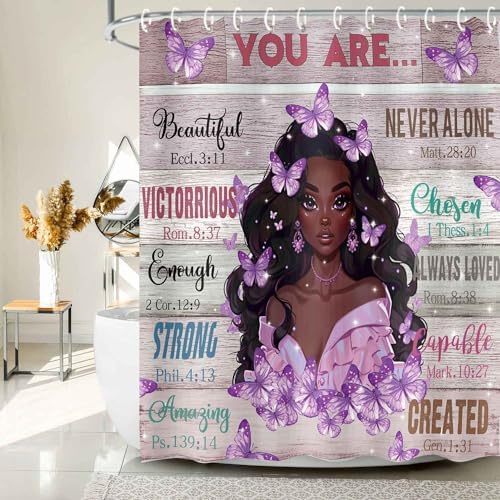 JAWO Black GirL Showers African American Butterfly 72x72 12 Hooks Modern Design