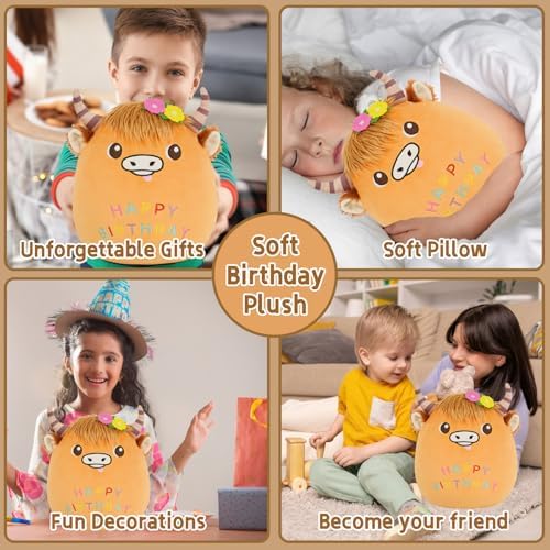 Happy Birthday Plush Pillow Fun Birthday Cow Stuffed Animal 10 Inch