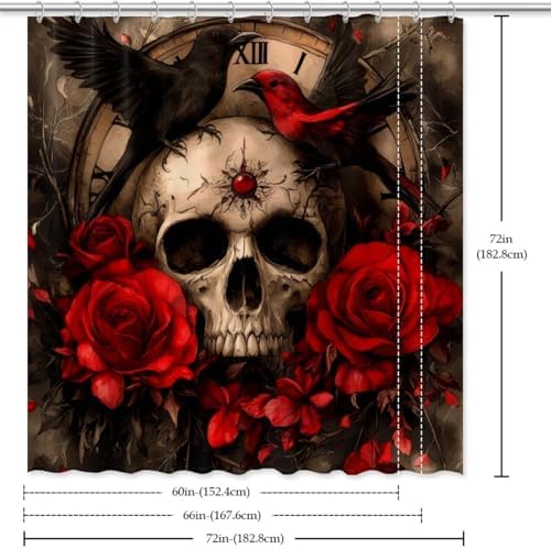 Bird Skull Vintage Clock Roses Shower Curtain