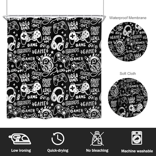 Boys Gamer Shower Curtain 72Wx72H Inch Gaming Controller Waterproof Design