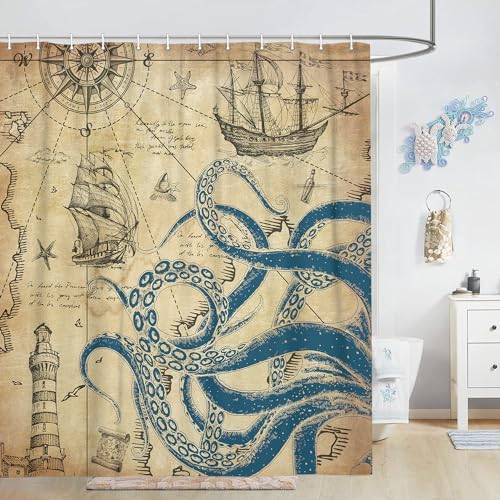VEIGIKE - Nautical Octopus Fun Bathroom Shower Curtain 60x72 inches