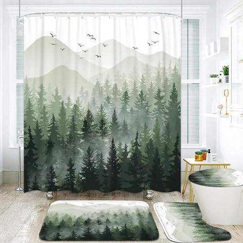 DDQQ 4Pcs Green Misty Forest Shower Curtain Set with Hooks