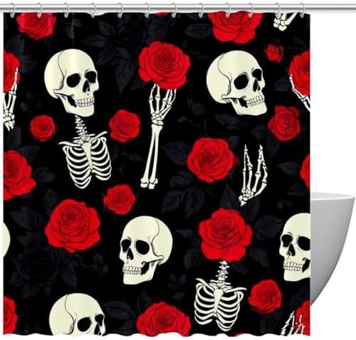Bath Skeleton Skull Hand Holds Roses Shower Curtain Set - waterproof durable