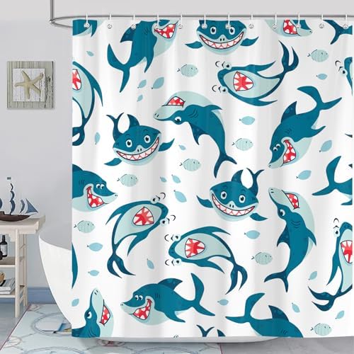 SokdcamFunny Shark Shower Curtain Ocean Wild Fish Kids Bathroom Curtain Set