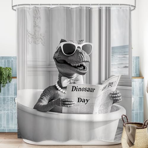 Funny Dinosaur Shower Curtain Set 12 Piece Black White Durable Cozy
