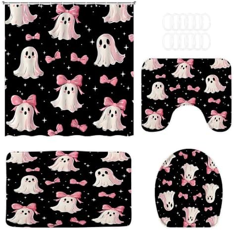 4pcs Ghost Shower Curtain Set with Hooks and Bath Mat