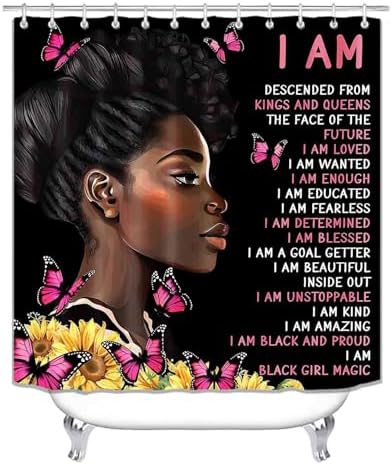 4PCS Black Girl Shower Curtain Set with Rugs Quotes