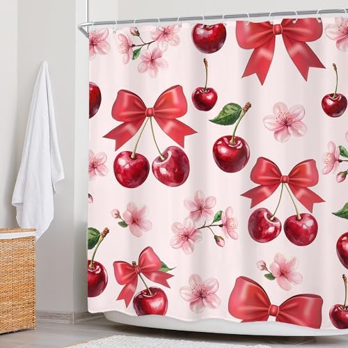 Pink Bow Cherry Shower Curtain 60x72 In