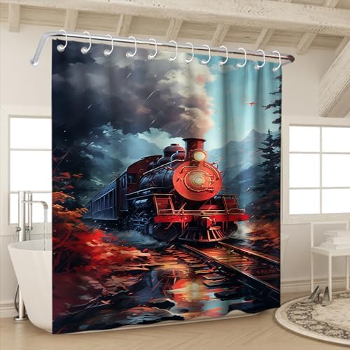 Antique Steam Engine Shower Curtain Red Train Nagarcoloka