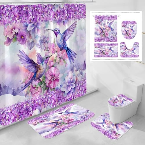 4-Pcs Purple Hummingbird Bath Decor Set with Rugs