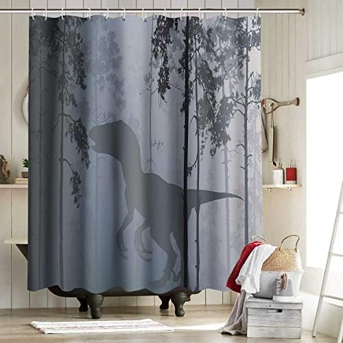 Dinosaur Shower Curtain Set Tyrannosaurus Rex Silhouette with 12-Pack Plastic Hooks