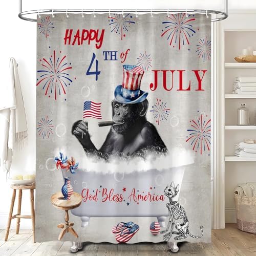 Patriotic Monkey 4th of July 70-inch shower curtain with American Flag design