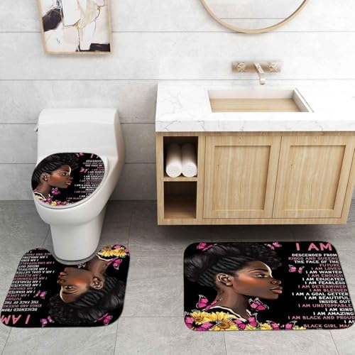 4PCS Black Girl Shower Curtain Set with Rugs Quotes