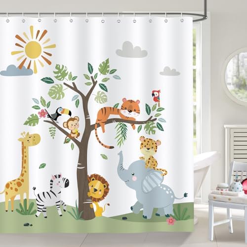 Bonhause Jungle Animal shower curtain for kids Waterproof 72x72 fun bath time