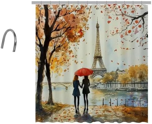 VAPOKF Girls Paris Tower Print Shower Curtain Set with 10 Hooks 66x72 in