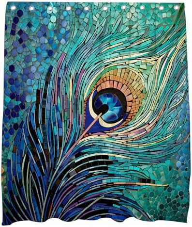 Elevate Your Bathroom Space with the OTRANTO Peacock Blue Feather Shower Curtain Set