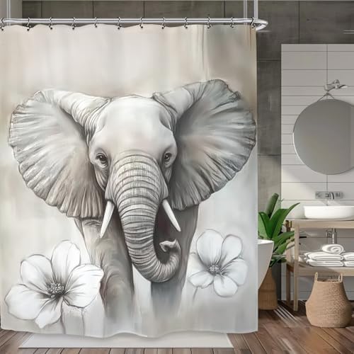 Cute Elephant Shower Curtain with 12 Hooks
