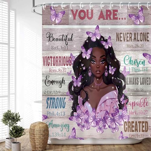 JAWO Black GirL Showers African American Butterfly 72x72 12 Hooks Modern Design