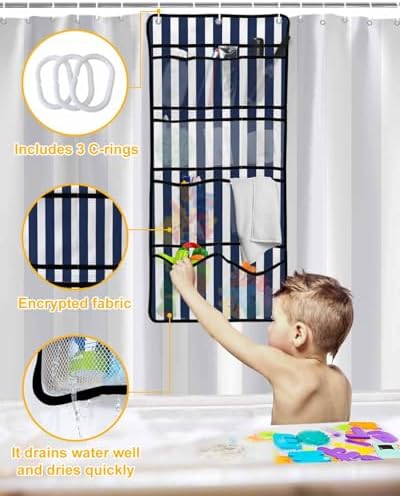 Navy Blue Waterproof Folding Shower Curtain with Hanging Organizer