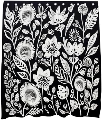 OTRANTO Black and White Floral Shower Curtain Set