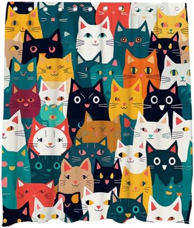 Funny Cat Shower Curtain Rustic Modern Kids Bathroom Decor Set