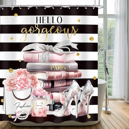 Cinbloo Black Pink Bathroom Shower Curtain Set
