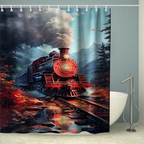 Antique Steam Engine Shower Curtain Red Train Nagarcoloka