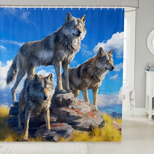 Wolf shower curtain 72x78 design set with 12 c-shaped hooks